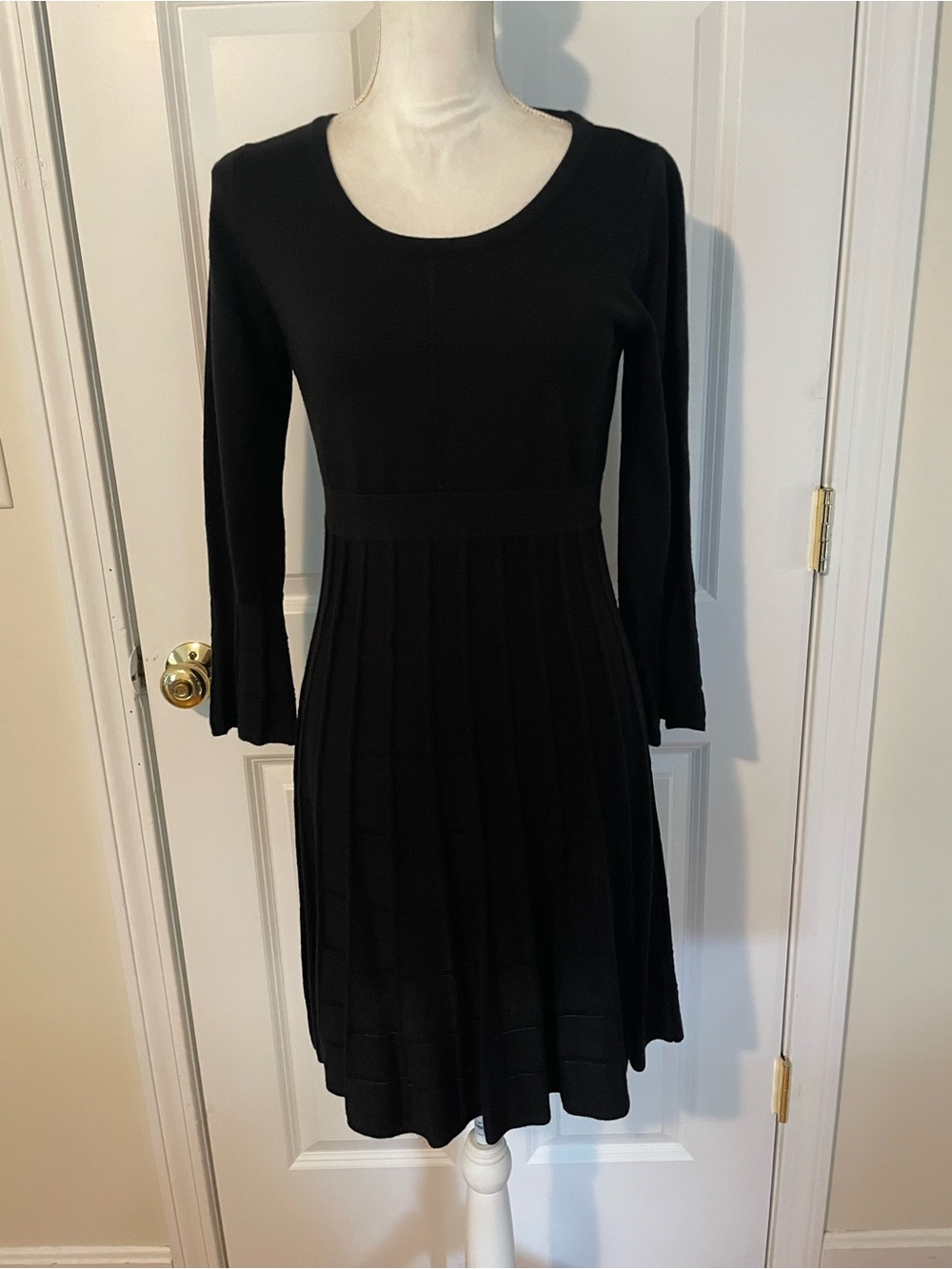 Calvin Klein Black Long-Sleeve Pleated Fit-and-Flare Dress